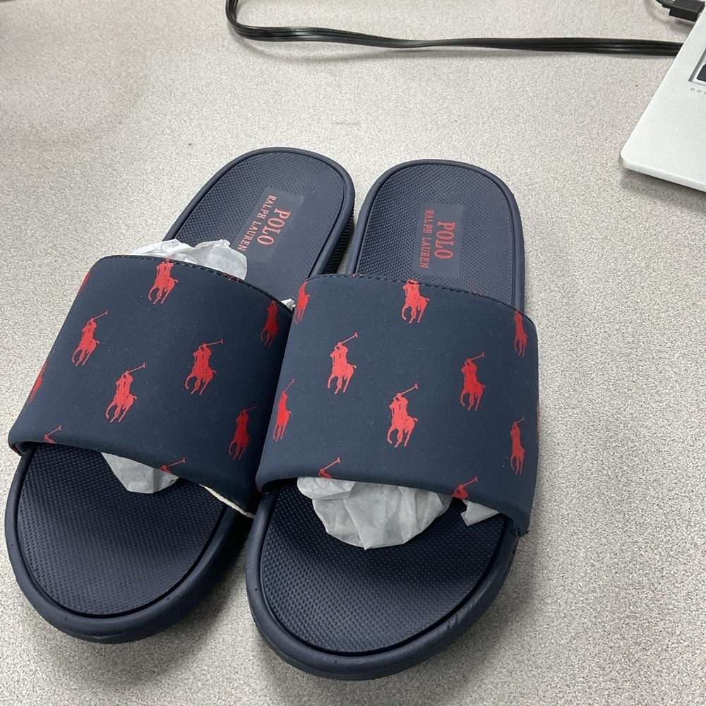 NWT Polo Ralph Lauren Boys Slides Size 6.5 Navy Signature Pony